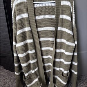 Striped Olive Green and White Cardigan